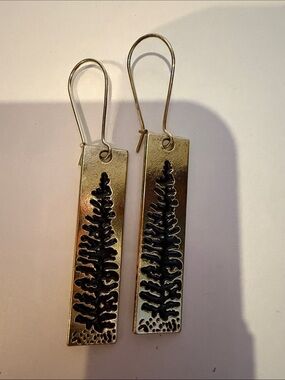 Brass Tone Rectangle Earrings with Black Tree Detail